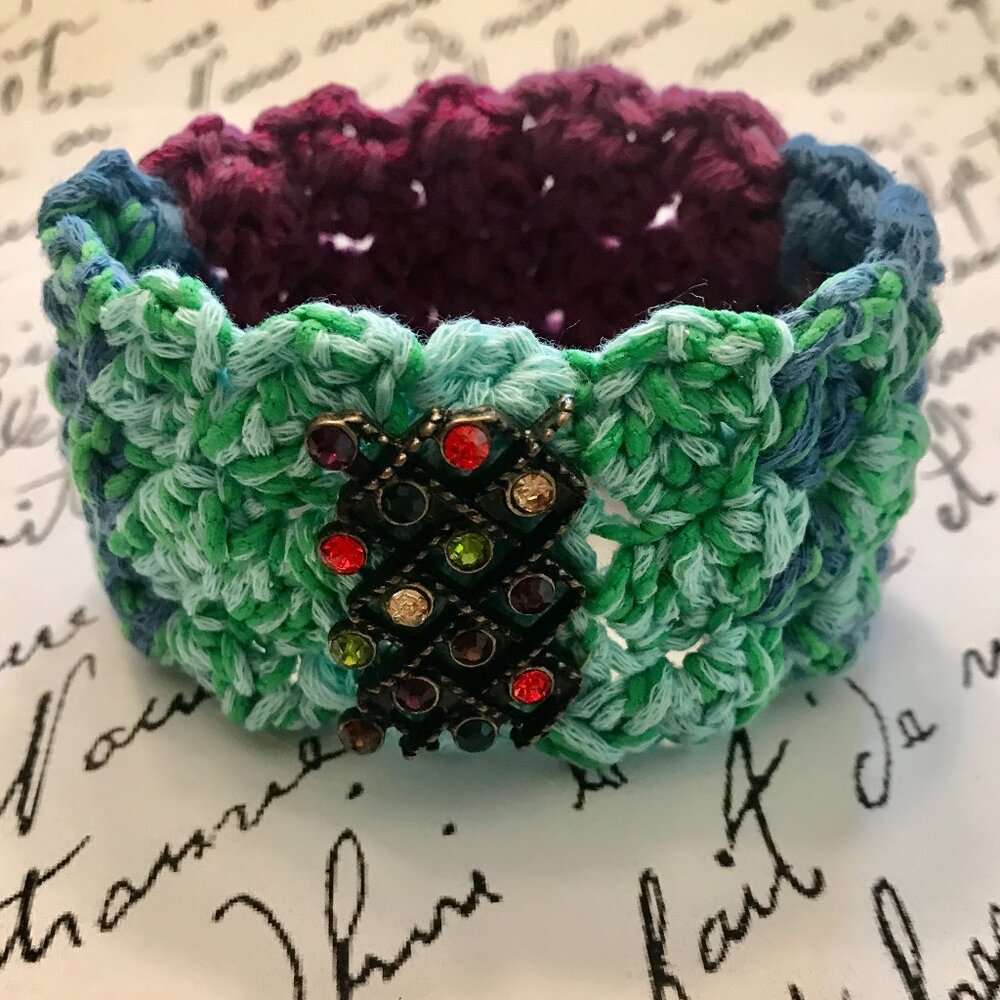 Handmade SLIP-ON CUFF in Shades of Blue and Green Fiber Embellished w/Vtg Charm
